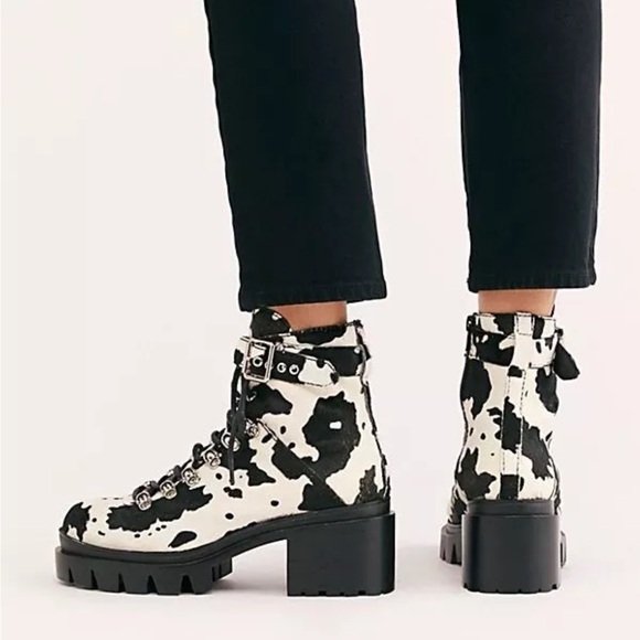 Free People Jeffrey Campbell Printed Check Lace Up Boot Color Cow - Picture 3 of 10